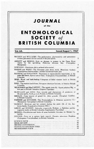 					View Vol. 64 (1967): Journal of the Entomological Society of British Columbia
				