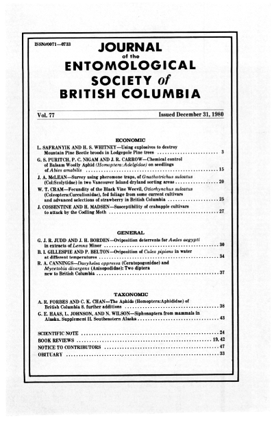 					View Vol. 77 (1980): Journal of the Entomological Society of British Columbia
				