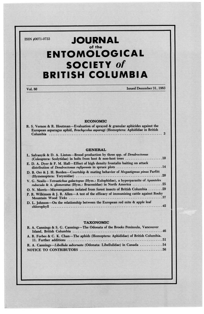 					View Vol. 80 (1983): Journal of the Entomological Society of British Columbia
				