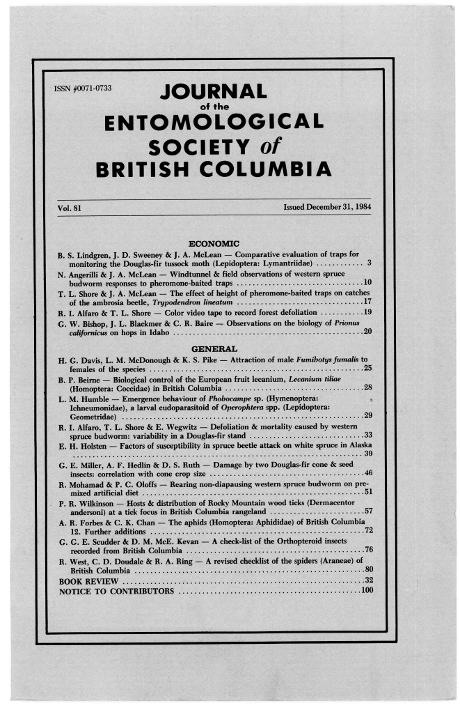 					View Vol. 81 (1984): Journal of the Entomological Society of British Columbia
				