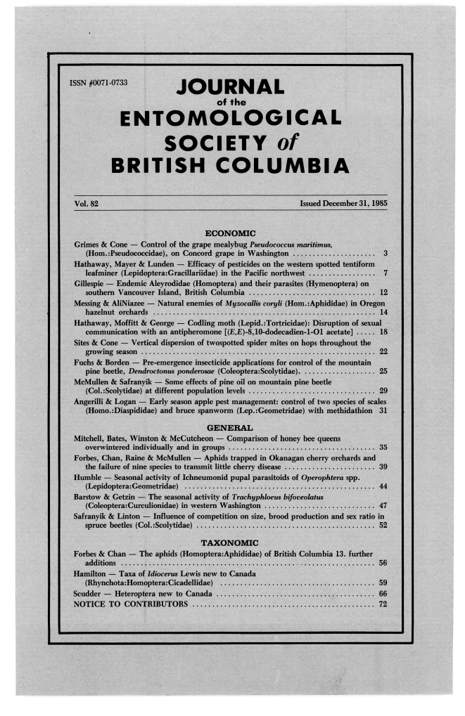 					View Vol. 82 (1985): Journal of the Entomological Society of British Columbia
				