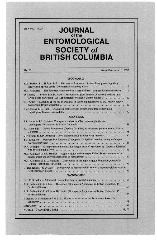 					View Vol. 83 (1986): Journal of the Entomological Society of British Columbia
				