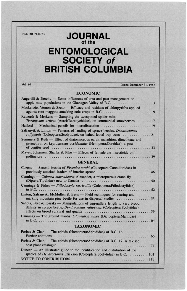					View Vol. 84 (1987): Journal of the Entomological Society of British Columbia
				